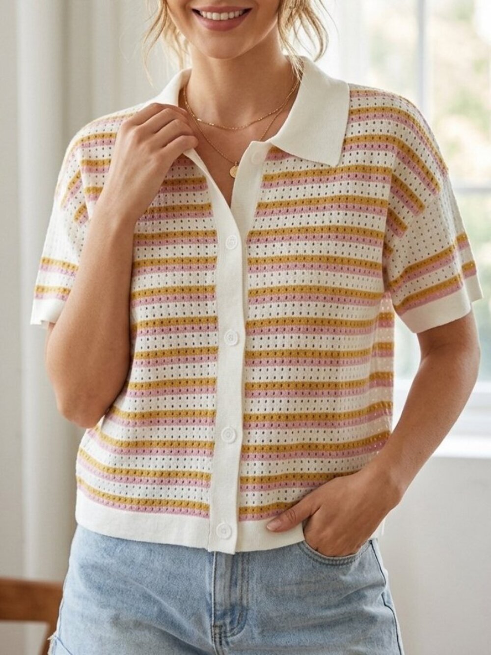 Pastel Crochet Knit Striped Polo Shirt Boho Eyelet Button-Up Short Sleeve Top